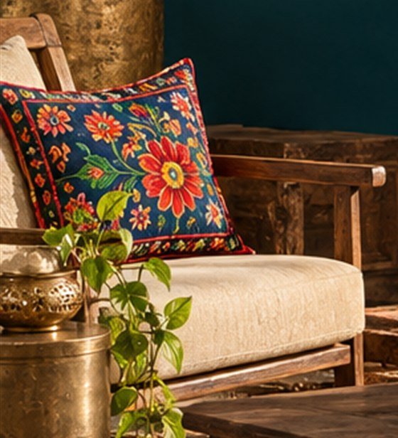 Embroidered floral cushion on a wooden armchair beside a brass planter