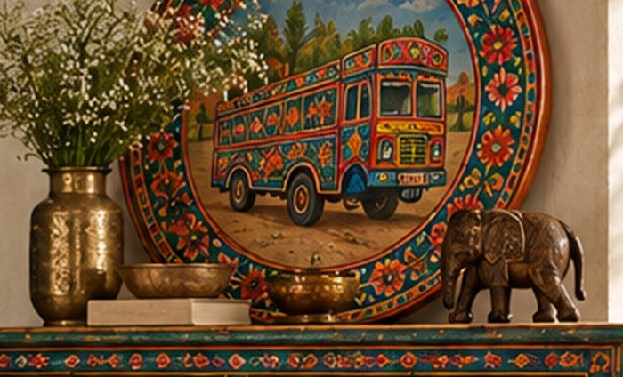 Brass elephant, vase and bowls on a painted mantel