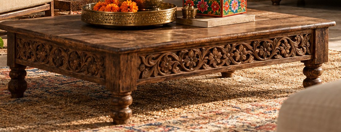 Hand-carved wooden coffee table on a woven rug