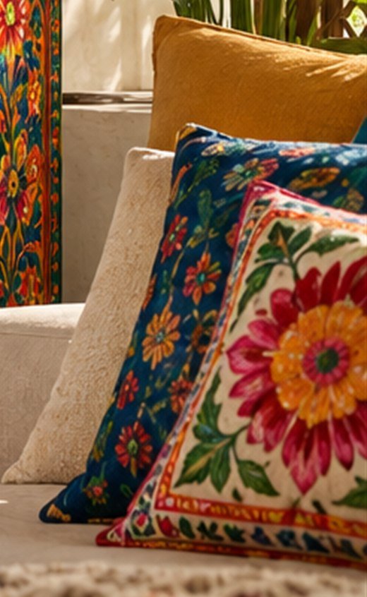 Embroidered floral cushions layered on a linen sofa
