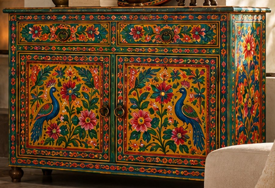 Painted sideboard with peacocks and florals