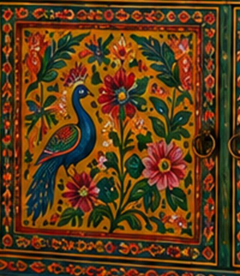 Close-up of a hand-painted peacock and florals on a sideboard door